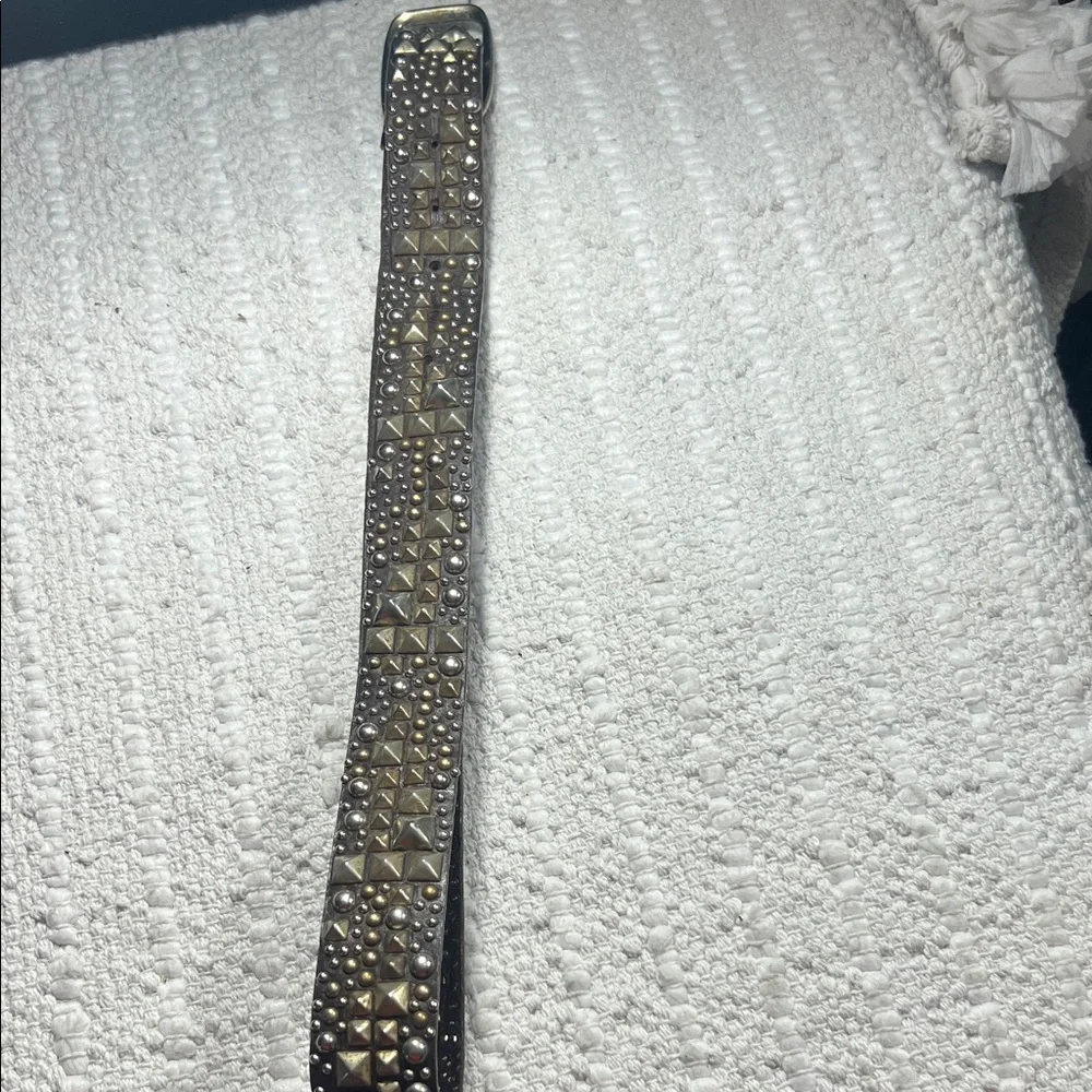 B-Low The Belt Size 32 Brown Leather Mixed Metal Studded Pyramid Rocker Belt
